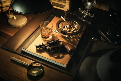 Film noir detective desktop with revolver